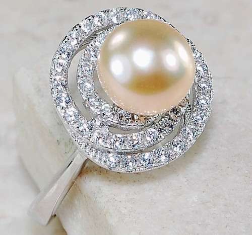 ROSE PEARL, WHITE TOPAZ, GENUINE 925 SOLID STERLING SILVER RING SIZE 7.