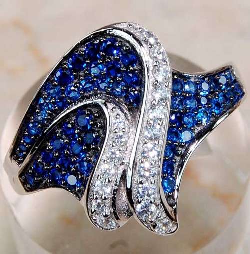 2CT Sapphire & White Topaz 925 Solid  Sterling Silver Ring # 7