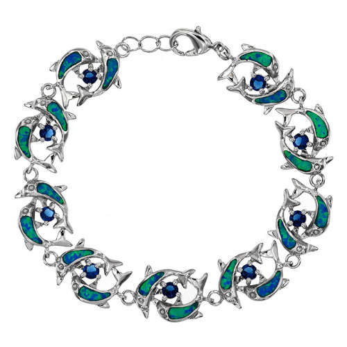 Blue Sapphire Australian Opal Inlay 925 Sterling Silver Dolphin Bracelet