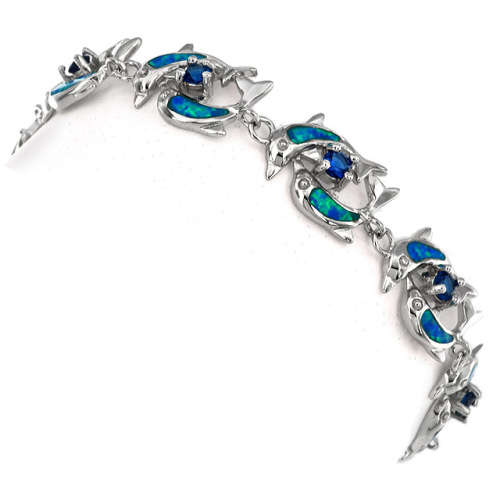Blue Sapphire Australian Opal Inlay 925 Sterling Silver Dolphin Bracelet