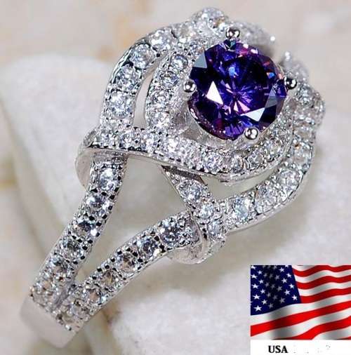 2CT Amethyst & White Topaz SOLID 925 Sterling Silver Ring Sz 7
