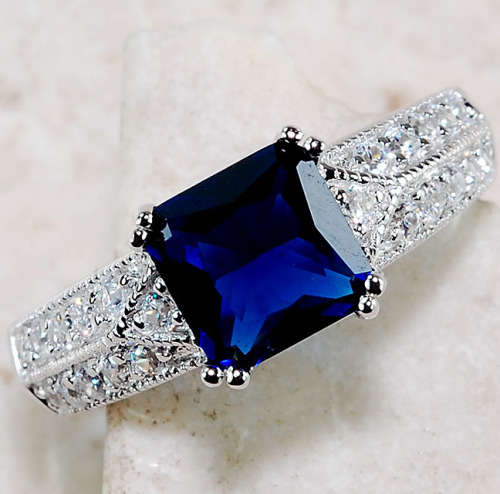 2CT Blue Sapphire & White Topaz 925 Solid Sterling Silver Ring Sz 7
