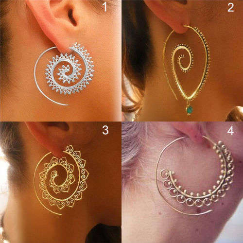 SILVER Retro Circles Round Spiral Tribal Hoop Earrings Ear Stud Piercing