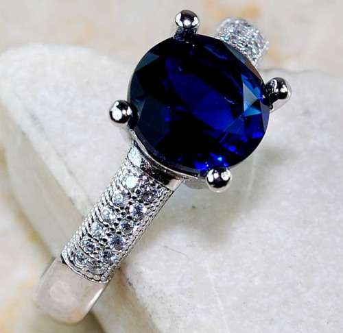 Blue Sapphire & White Topaz 925 Solid Sterling Silver Ring  Sz 6