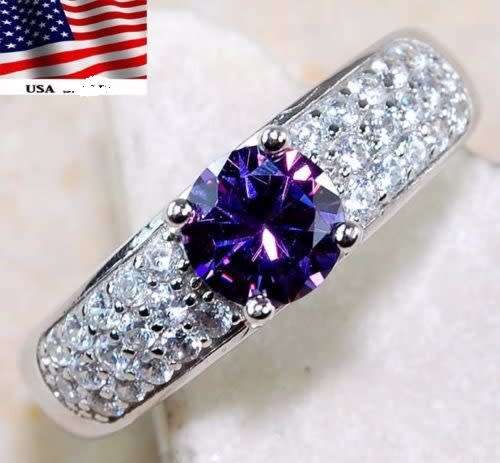 2CT Amethyst & White Topaz 925 Solid Sterling Silver Ring  Sz 8