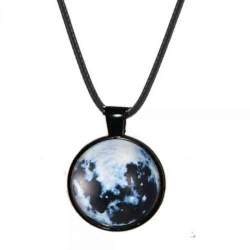 BLUE Glow in the dark Moon Pendant Leather Necklace