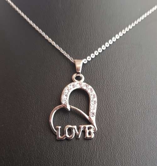 Silver Filled Love Heart Rhinestone  Pendant Stainless S Chain Necklace