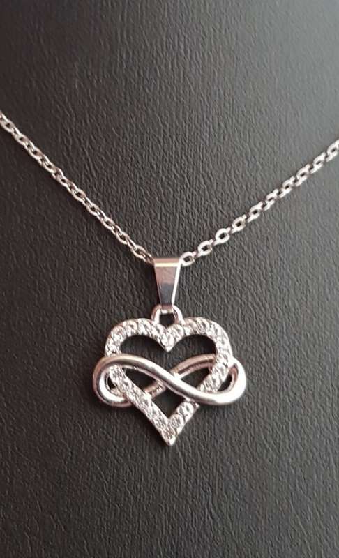 Silver Filled Infinity Heart Rhinestone  Pendant  Stainless S. Chain Necklace