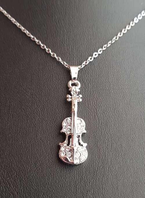 Silver Filled Violin Rhinestone  Pendant Atainless S. Chain Necklace