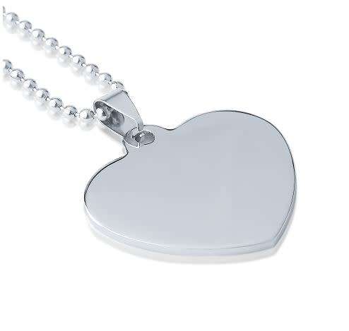 316L SOLID Stainless Steel Unisex  Engravable Heart Pendant  Necklace Including 60cm Ball Chain