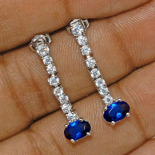 Flawless 4CT Blue Sapphire & Topaz 925 Solid Sterling Silver Earrings