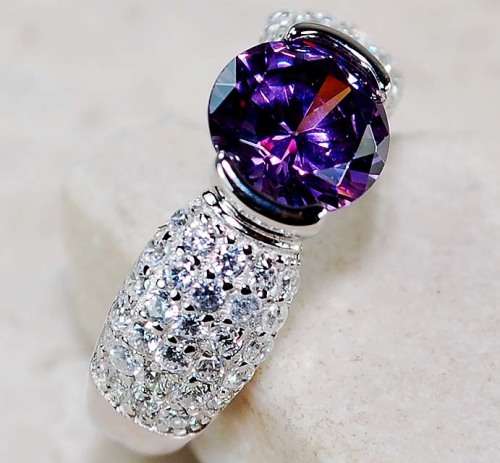 2CT Amethyst & White Topaz 925 Solid Sterling Silver Ring  Sz 8
