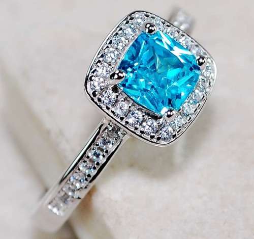2CT Aquamarine & White Topaz 925 Solid Sterling Silver Ring  Sz 8