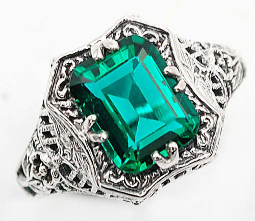 2CT Emerald Quartz 925 Solid Sterling Silver Victorian Style Ring  Sz 6