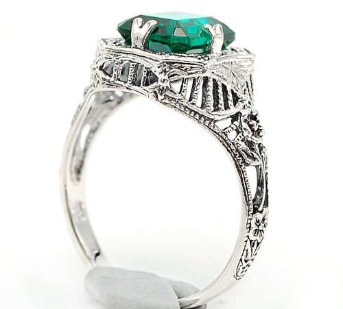 2CT Emerald Quartz 925 Solid Sterling Silver Victorian Style Ring  Sz 6