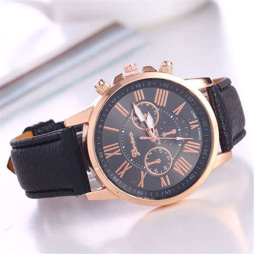 Fashion BLACK Geneva Women Leather Band Stainless Steel Quartz Analog Wrist Watch