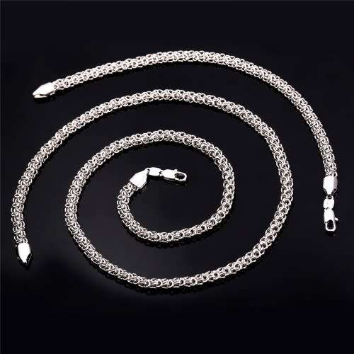 18K STAMPED Platinum Plated UNISEX Trendy Round Chain Necklace & Bracelet set (Free Gift Box)