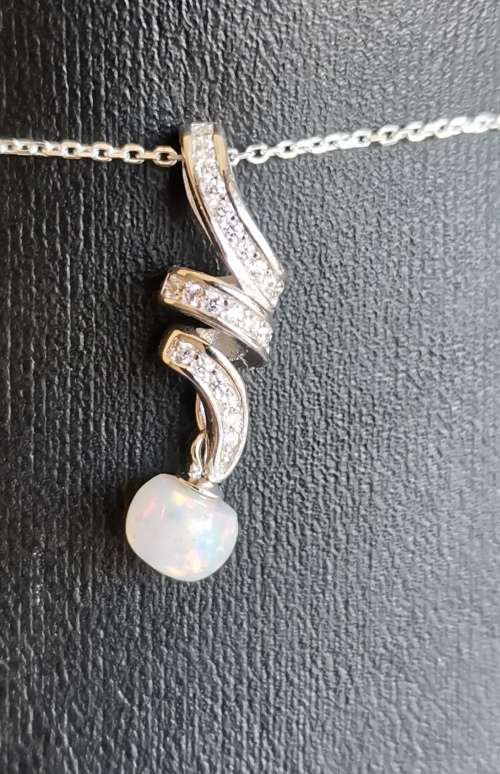 SOLID 925 Sterling Silver Opal Gemstone Swirl Pendant Necklace Plus 55cm Chain