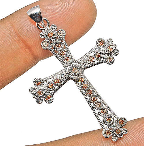 Cross- Padparadscha Sapphire 925 Solid Sterling Silver Pendant