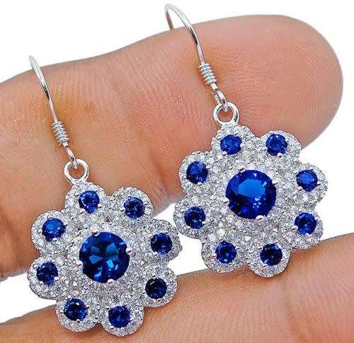 2CT Blue Sapphire & Topaz 925 Solid Sterling Silver Earrings