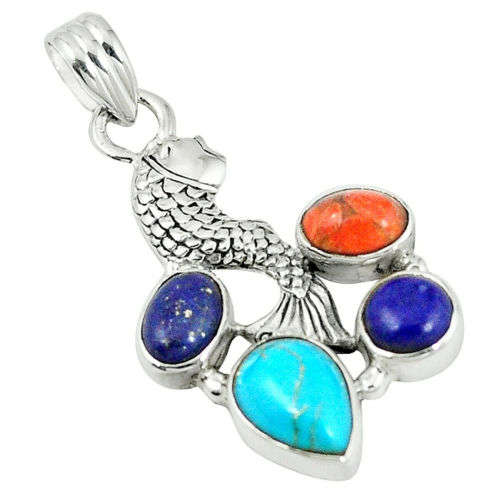 Southwestern Multi Colour Copper Turquoise Lapis 925 Silver Fish Pendant