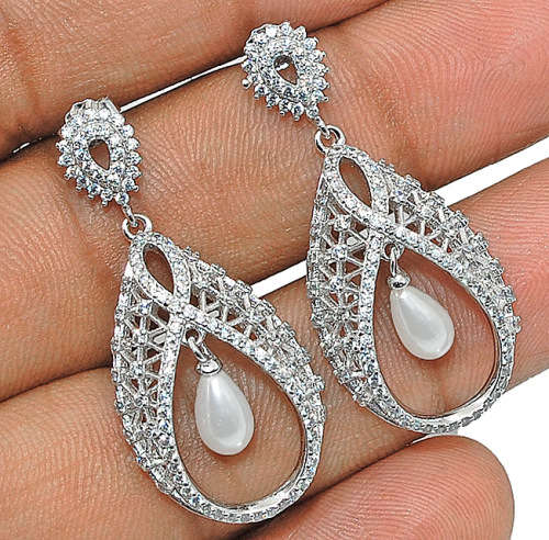 1CT FRESH WATER PEARL & SAPPHIRE 925 SOLID STERLING SILVER EARRINGS