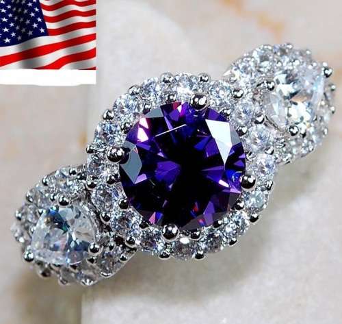 2CT Amethyst & White Topaz 925 Solid Sterling Silver Ring Sz 7