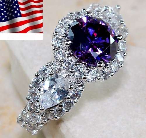 2CT Amethyst & White Topaz 925 Solid Sterling Silver Ring Sz 7