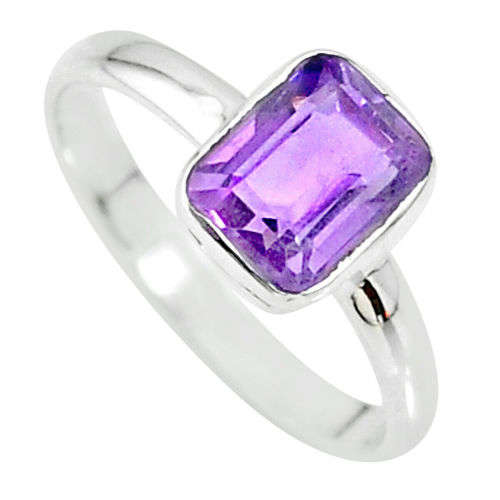 2.16cts Solitaire Natural Purple Amethyst Octagan Silver Ring Size 7.5