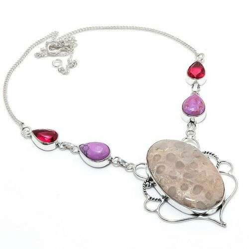 Fossil Coral, Rubillite Gemstone Silver  Necklace 18`