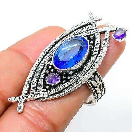 Swiss Blue Topaz, Amethyst 925 Sterling Silver Jewelry Ring Size 8.5