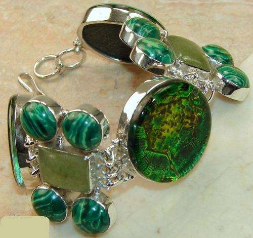RARE DICHROIC GLASS, AVENTURINE & MALACHITE QUARTS BRACELET CAST IN 925 STERLING SILVER