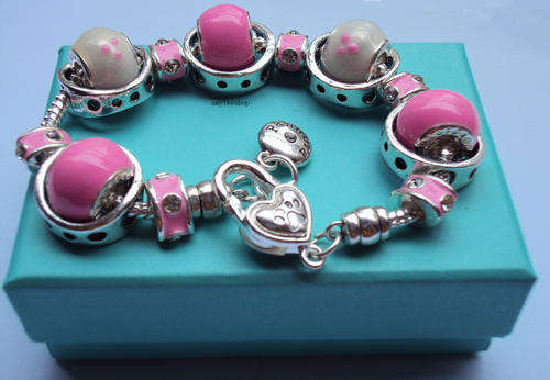 Unique Mixed Pink Beads  & Rings Padora  Bracelet in Silver