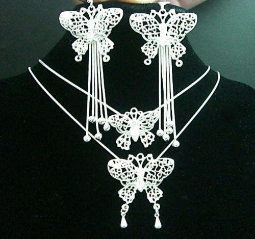 BEAUTIFUL 925 SILVER DOUBLE BUTTERFLY NECKLACE & EARRINGS SET