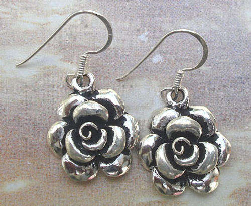 BEAUTIFUL ROSE DANGLE EARRINGS IN SOLID 925 STERLING SILVER