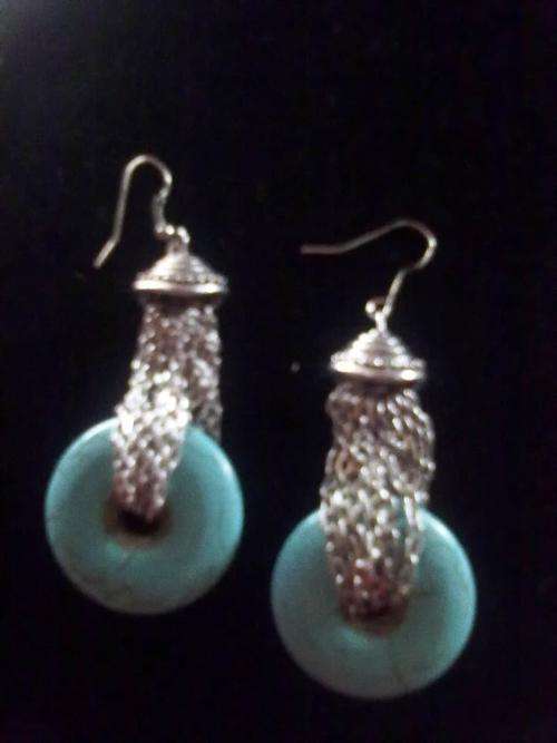 Stunning Tibet Silver Chains & Turquoise Stone Dangle Earrings