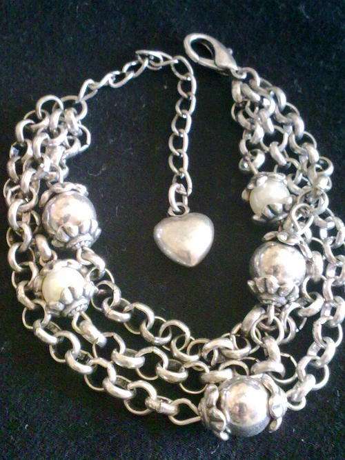 STUNNING TIBETAN SILVER 3 STRAND SILVER BALL & PEARL BRACELET