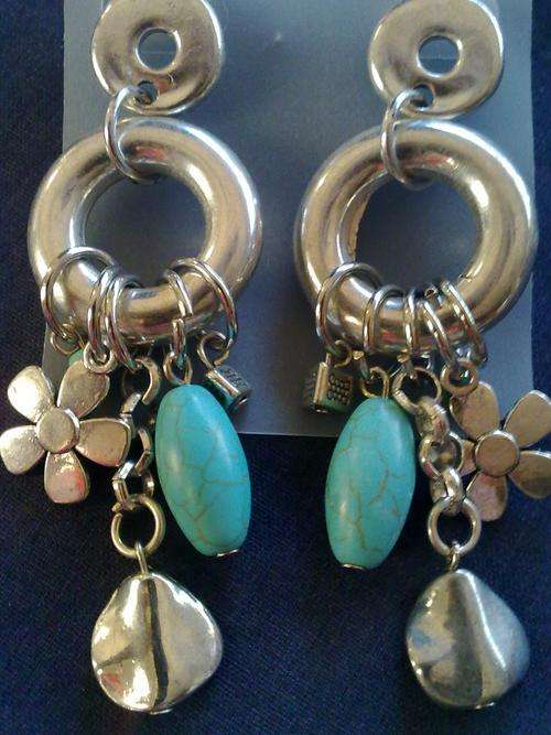 Stunning Tibet Silver Chains & SyntheticTurquoise Stone Dangle Earrings