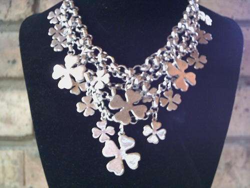 ASTONISHING CHUNKY TIBETAN SILVER 4 LEAF CLOVER DANGLE BIB NECKLACE