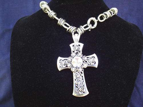 STUNNING TIBETAN SILVER CROSS WITH CRYSTAL CLIP ON PENDANT NECKLACE