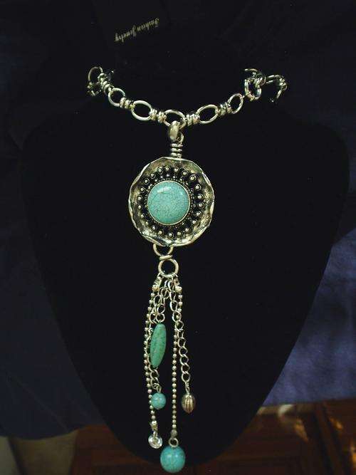 LOVELY LARGE TIBETAN SILVER CLIP ON TURQUOISE PENDANT & NECKLACE