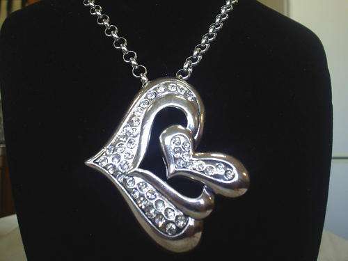 FUNKY VINTORIO COLLECTION TIBET SILVER 2 COMBINED HEARTS & CZ NECKLACE