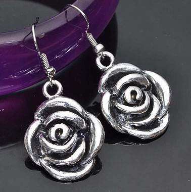 STUNNING VINTORIO COLLECTION TIBET SILVER ROSE DANGLE EARRINGS
