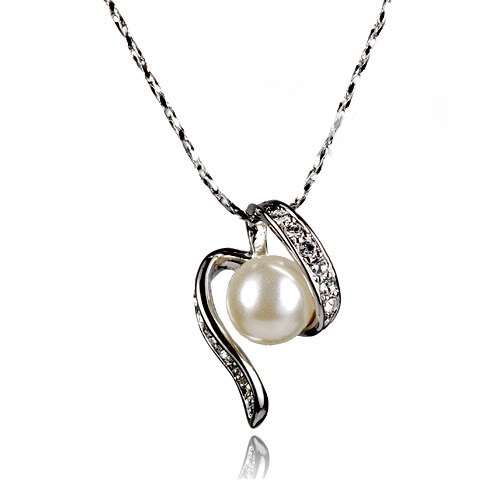 GORGEOUS DAINTY SILVER FEAUX PEARL & CRYSTAL PENDANT & FREE CHAIN