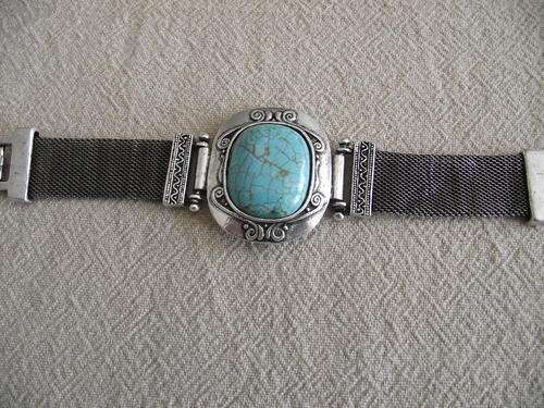 BEAUTIFUL VINTORIO COLLECTION TIBET SILVER MESH & SQUARE TURQUOISE STONE BRACELET