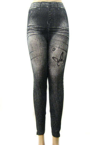 DENIM JEAN LOOK TIGHTS LEGGINGS WITH BUTTERFLY DESIGN