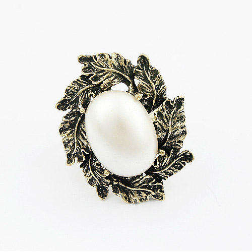 New Hot Fashion Exquisite Alloy Leaves Oval Faux Pearl Ring