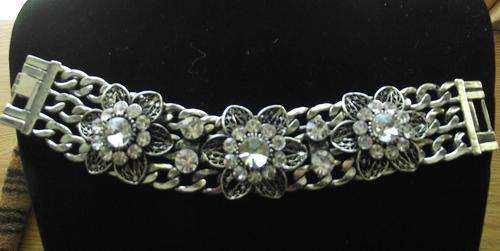 GORGEOUS TIBET SILVER WIDE CUFF FLOWERS & CHAIN BRACELET