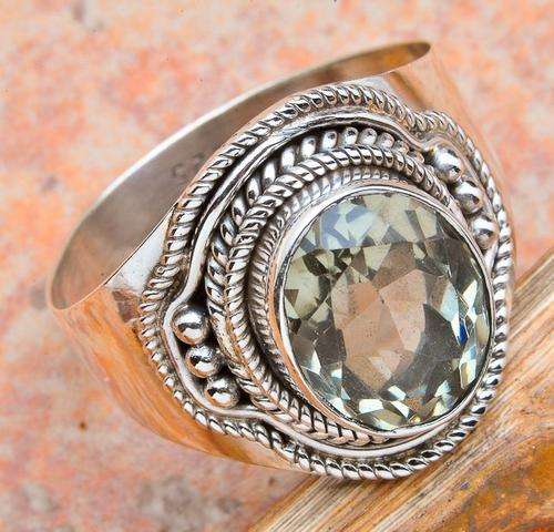 Solid 925 Sterling Silver Faceted Green Amethyst Ring # 7