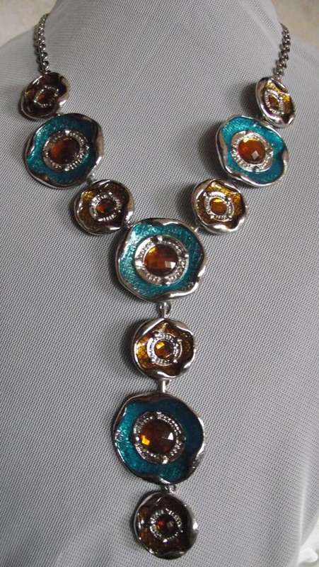 ***LAST ONE***Stunning Silver Blue & Amber Enameled Dangle Necklace